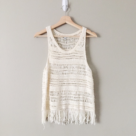American Eagle Outfitters Tops - AEO Off-White Knit Fringe Tank Top